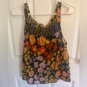 Anthropologie Floral Tank Top - Black, Yellow, Pink, Orange